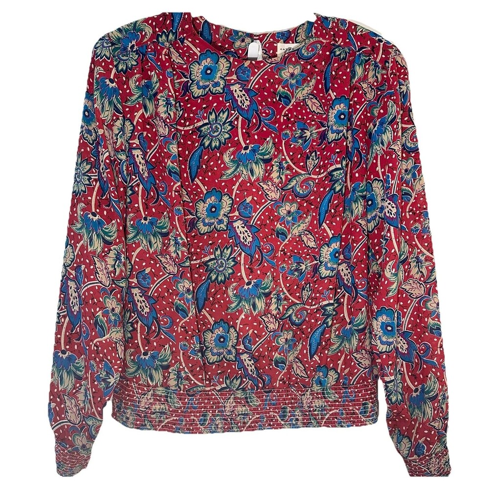 Vintage 80s Shapely Floral Blouse Red Smocked Waist Size Medium Shoulder Pads